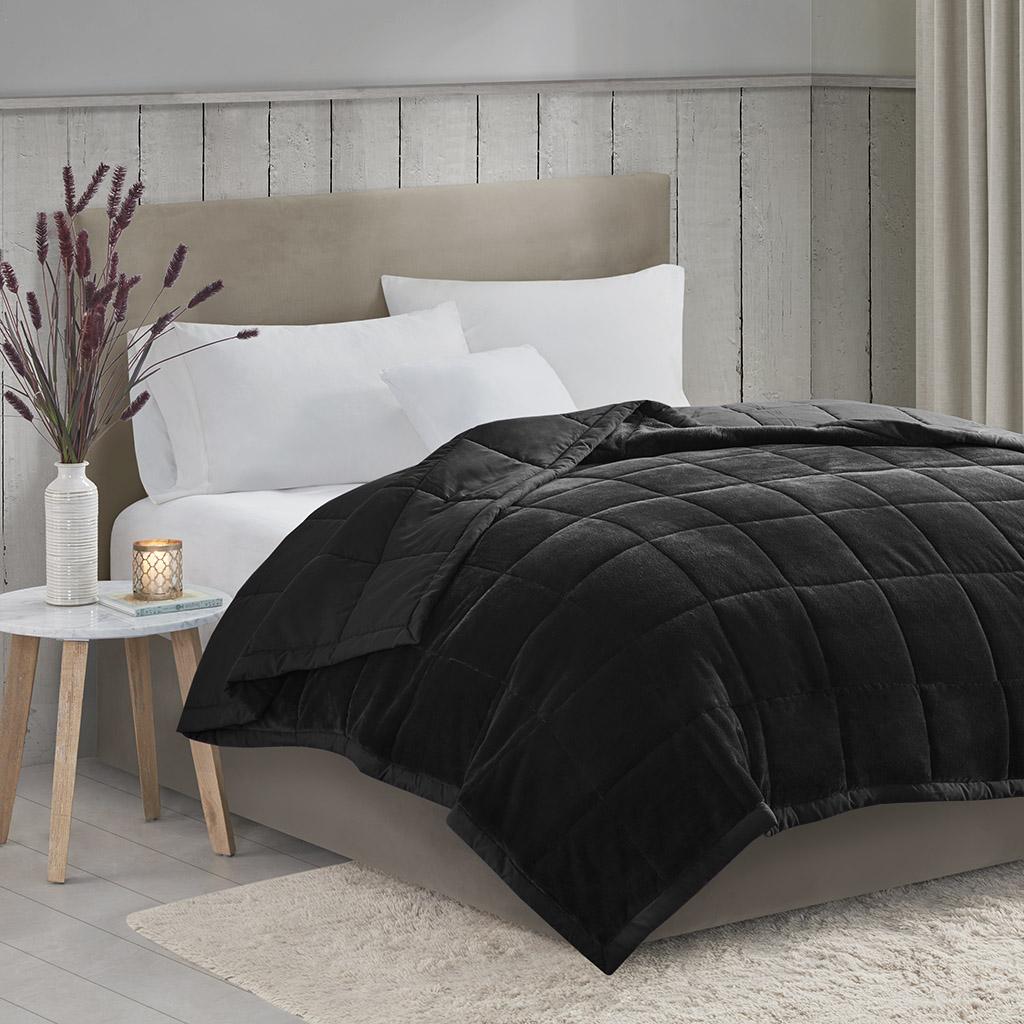 Reversible Down Alternative Blanket with Temperature Regulation, Plush to Microfiber, OEKO-TEX Certified, 90" L x 66" W x 0.25" H, Black