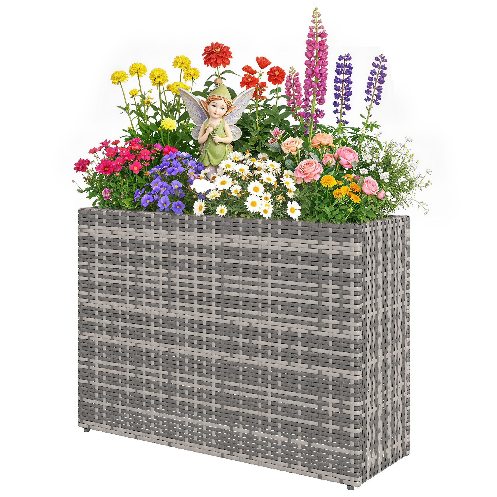 Tall Rectangular Planter with Removable Liner, Holes, PE Wicker Large Planter Box for Indoor Outdoor Plants, Gray