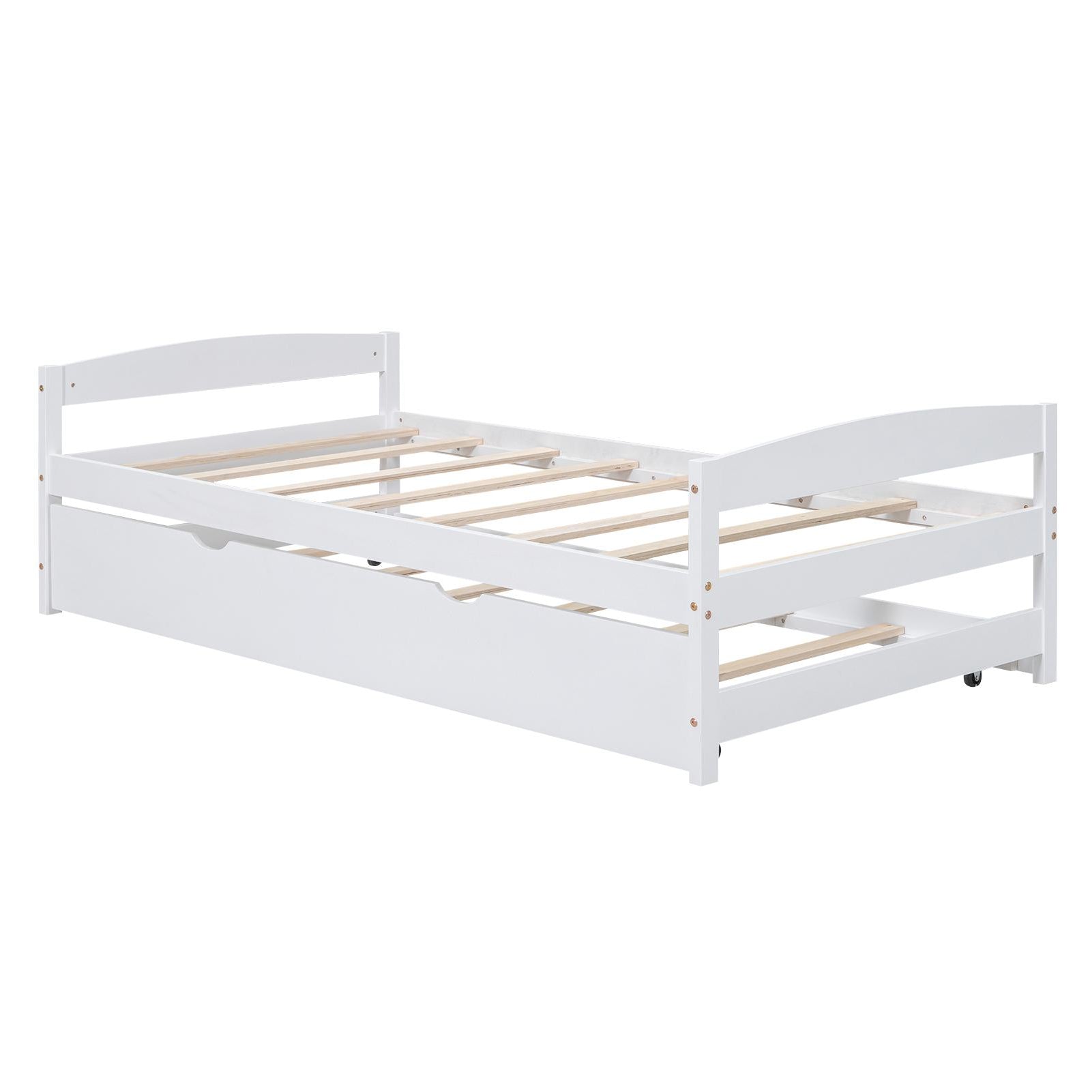 Twin Size Platform Bed with Twin Size Trundle, Headboard and Footboard, Sturdy Pine Wood Construction, 77.5" L x 40.5" W x 22" H, White