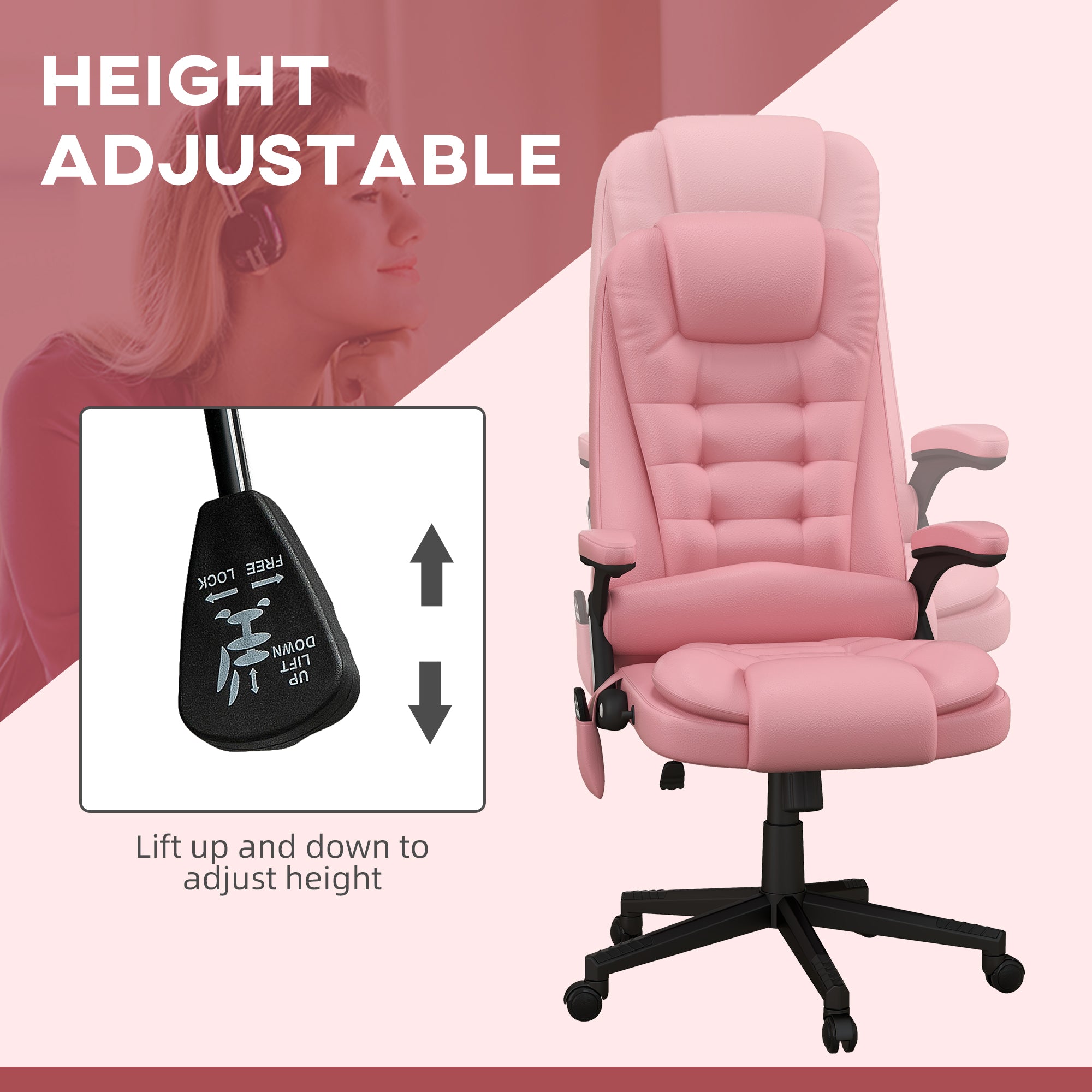 Massage Office Chair, Heated Reclining Computer Chair with 6 Vibration Points, Armrest and Remote, Pink