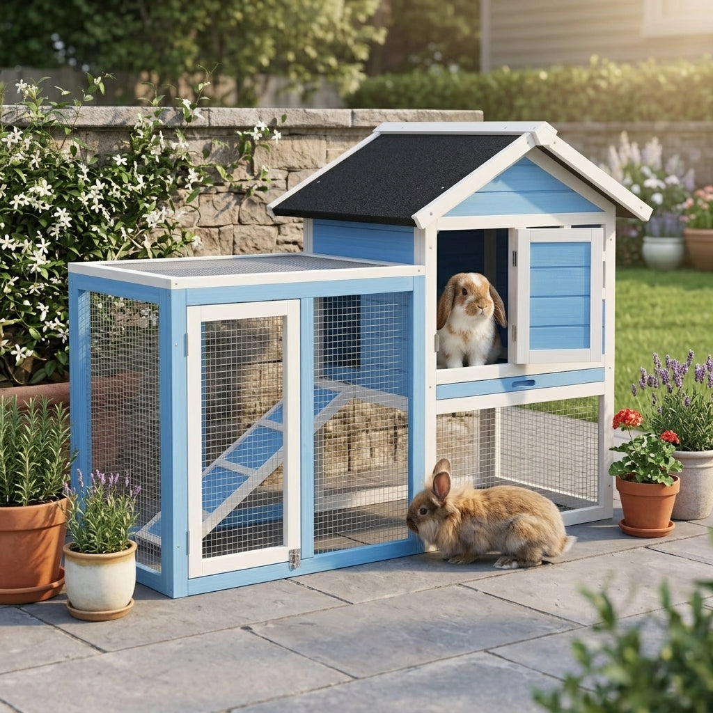 49" Wooden Rabbit Hutch Bunny Cage with Waterproof Asphalt Roof, Fun Outdoor Run, Removable Tray and Ramp, for Rabbits, Chickens, Ducks, Light Blue