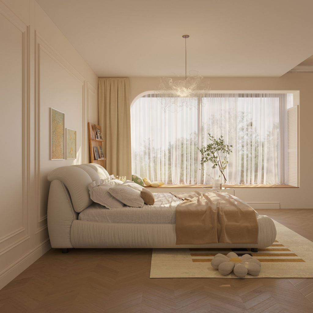 King Size Upholstered Bed with Oversized Padded Backrest, Solid Wood Frame, Adjustable Mattress Heights, 96.5" L x 86" W x 43.5" H, Beige