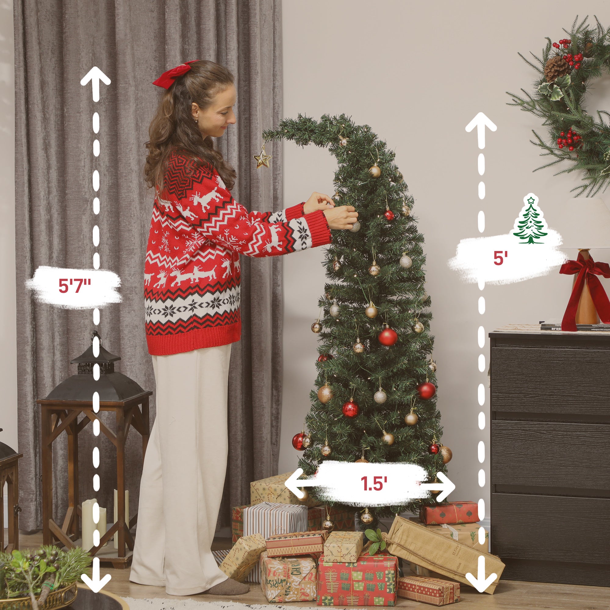 5 ft Prelit Christmas Tree, Whimsical Xmas Tree Slim High Mountain Fir with 100 LEDs and Metal Stand, Green
