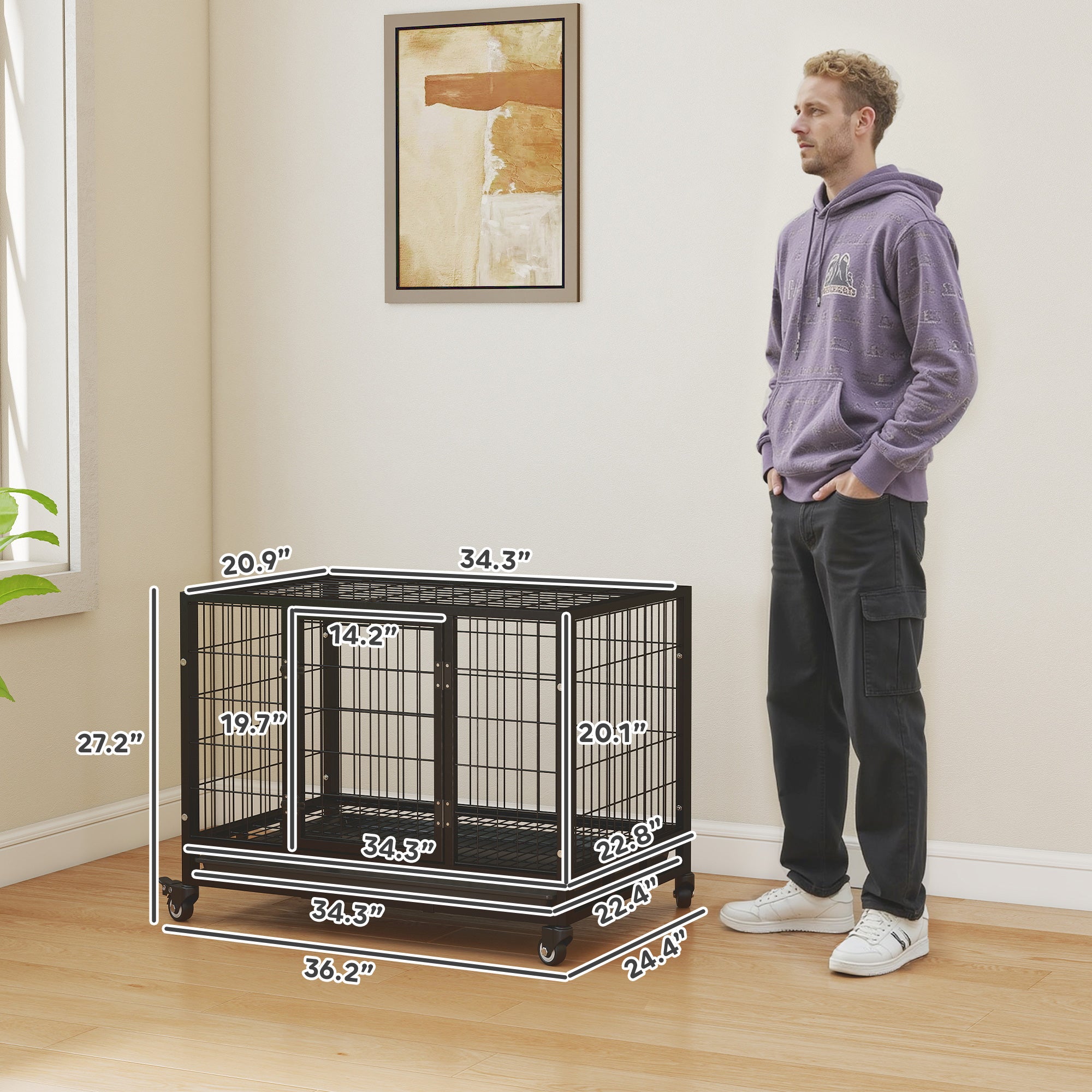 36" Heavy Duty Dog Crate with Removable Tray, Lockable Wheels and Double Door, for Medium and Large Dogs, Black
