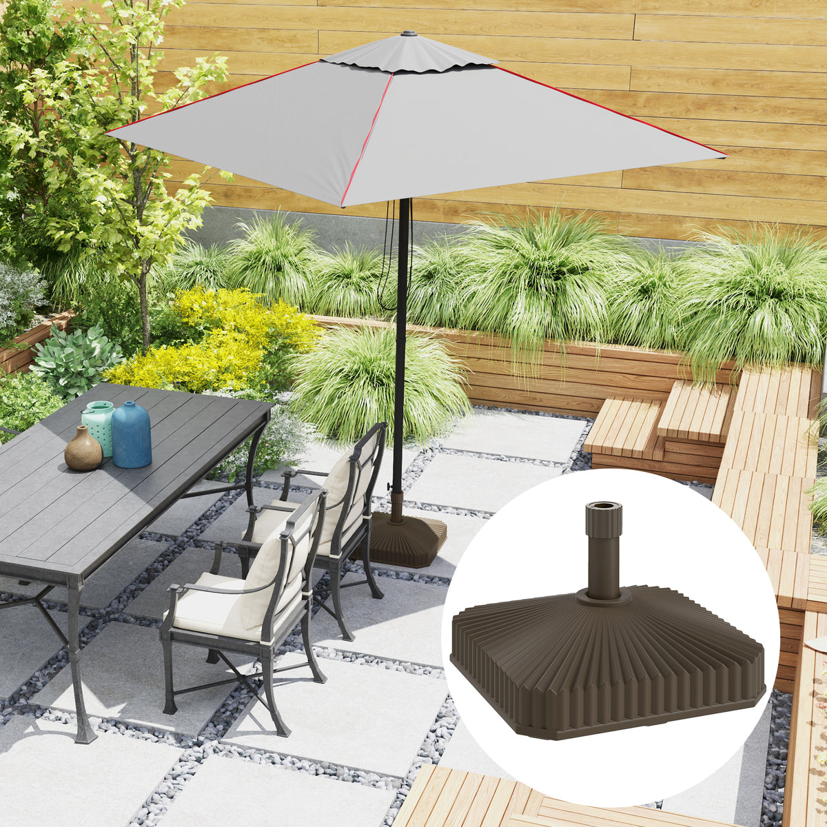 Square Patio Umbrella Base Holder, Heavy Duty Outdoor Umbrella Stand Base, Filled Up to 42lbs with Sand or 33lbs with Water for Garden, Poolside, Brown