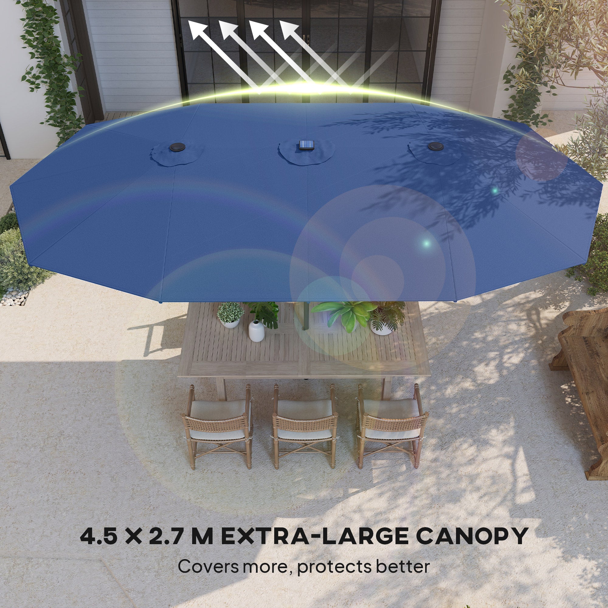 Garden Parasol, Double-Sided Sun Umbrella with LED Solar Lights, Patio Parasol for Outdoor, Blue
