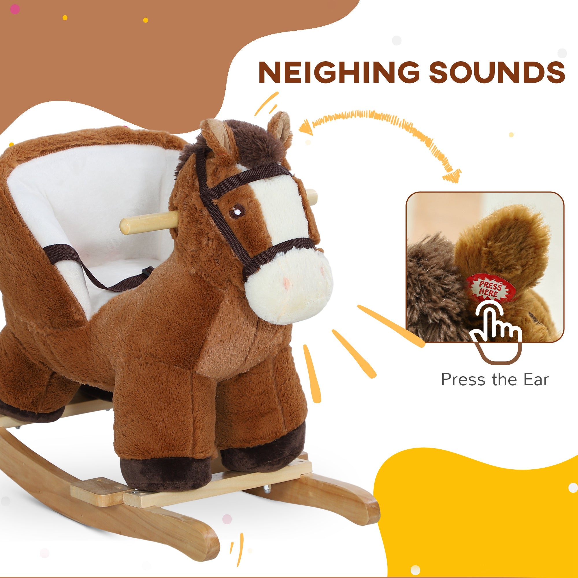 Baby Rocking Horse, Kids Ride-on with Sound, Wooden Base & Safety Belt for Ages 18-36 Months, Brown