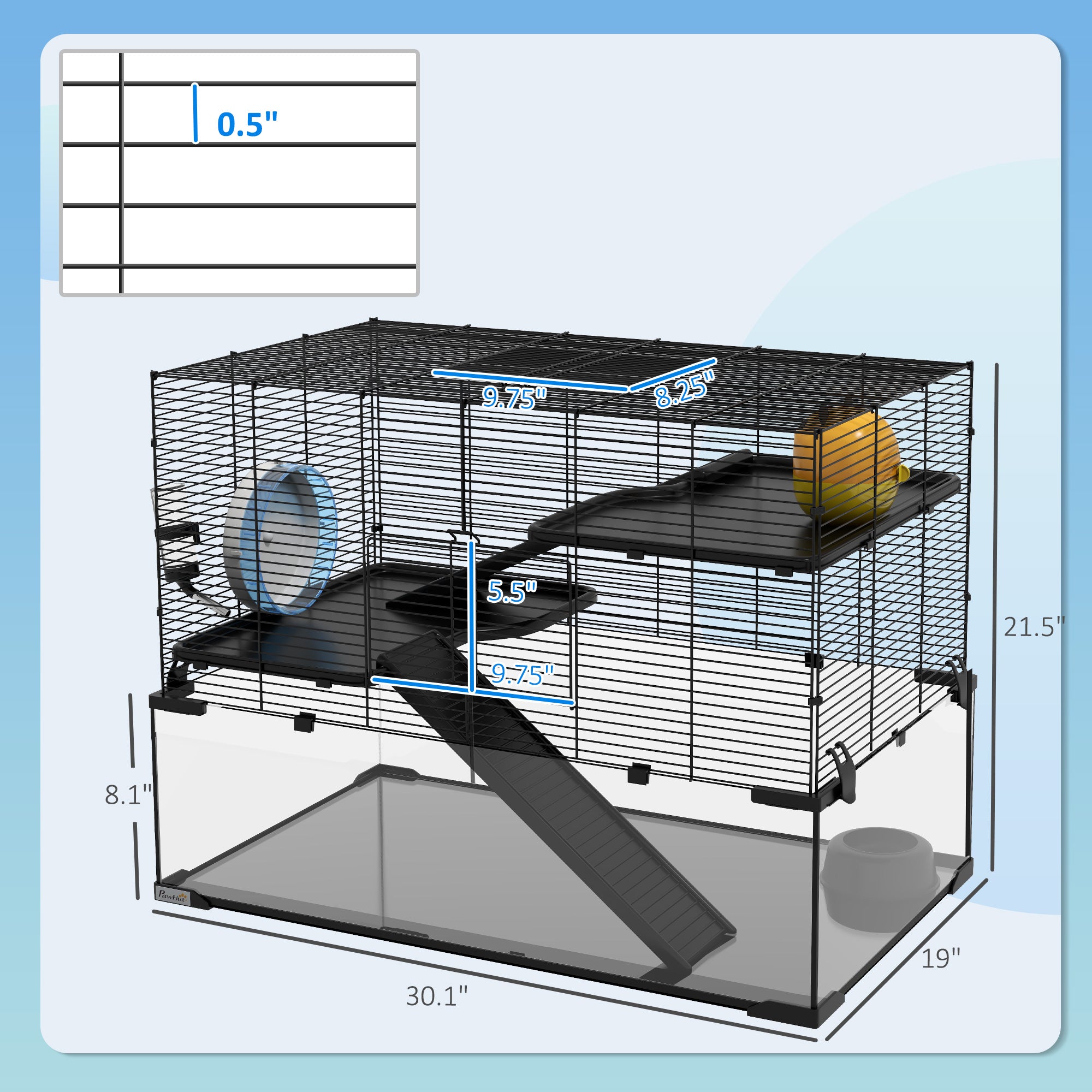 30" Hamster Cage, Gerbil Cage with Glass Basin for Small Hamsters, Black
