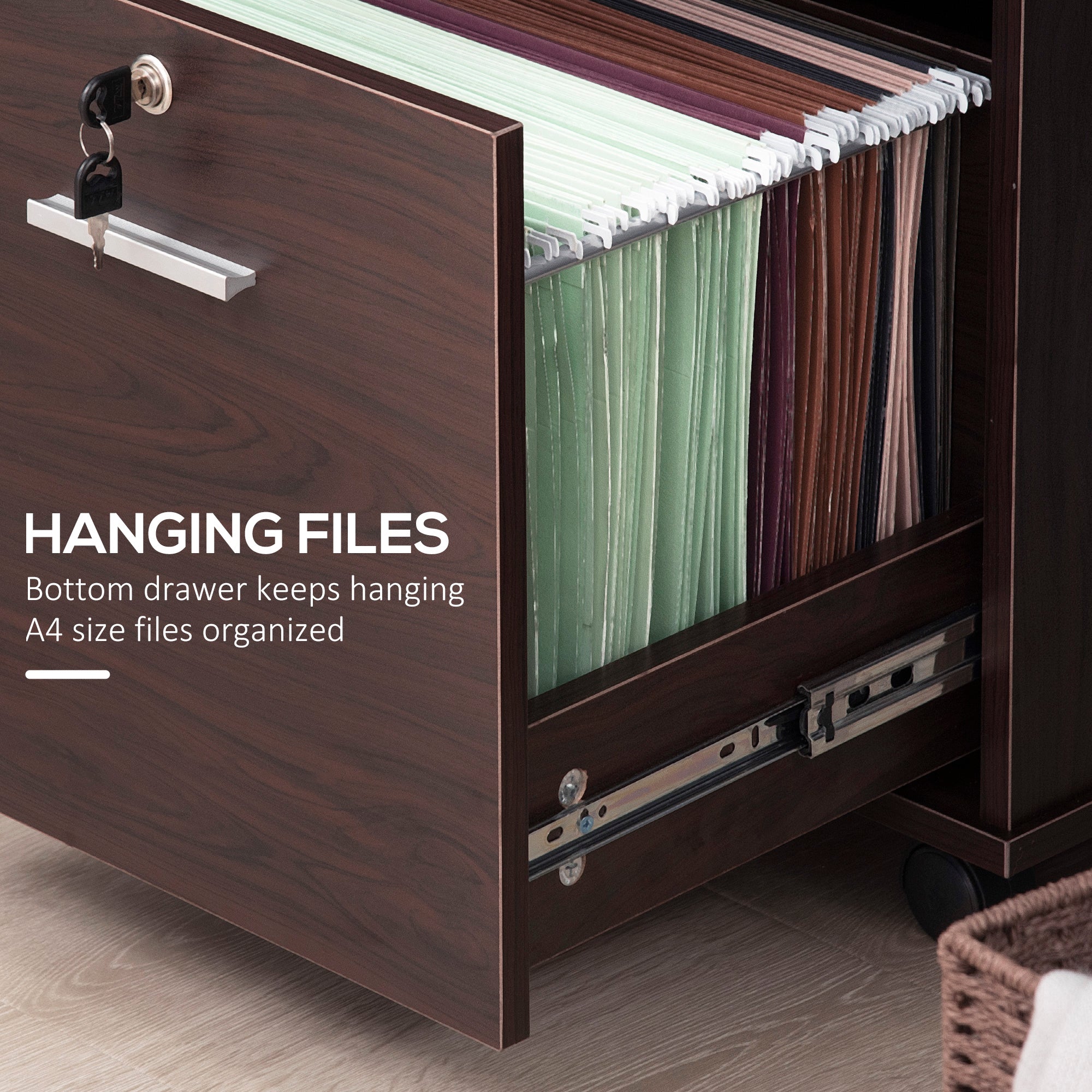 Lateral File Cabinet with Wheels, Mobile Printer Stand with Open Shelves and Drawers for A4 Size Documents, Walnut