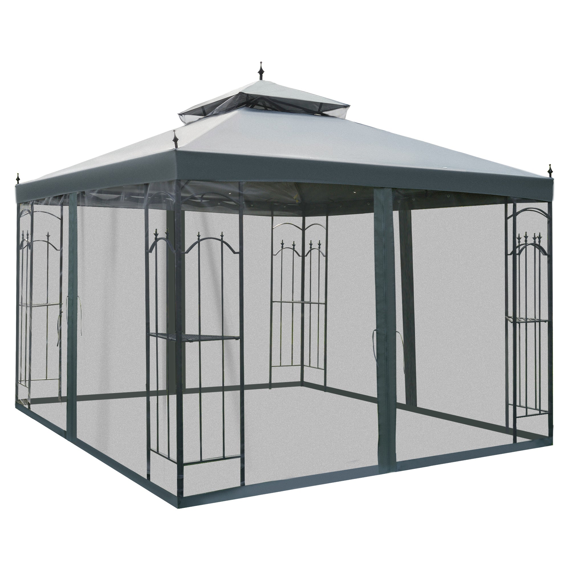 118" x 118" Steel Outdoor Patio Gazebo Canopy with Removable Mesh Curtains, Display Shelves, & Steel Frame, Gray