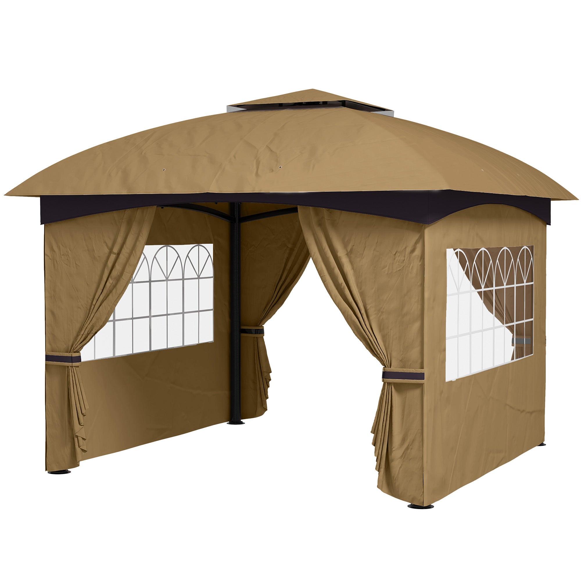 11' x 11' Outdoor Gazebo, Double Roof Patio Gazebo with Curtains, Church Windows, Galvanized Steel Frame, Beige