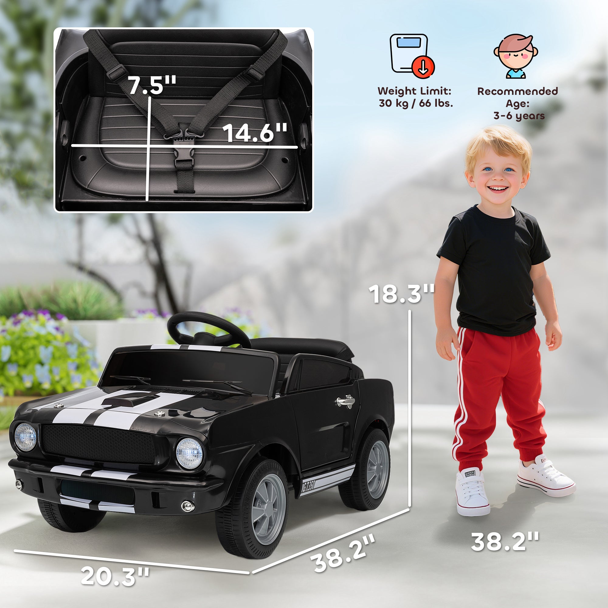 Licensed Shelby GT 350 Kids Ride On Car with Remote Control, Adjustable Speed, MP3, Smooth Start, LED Lights, Black