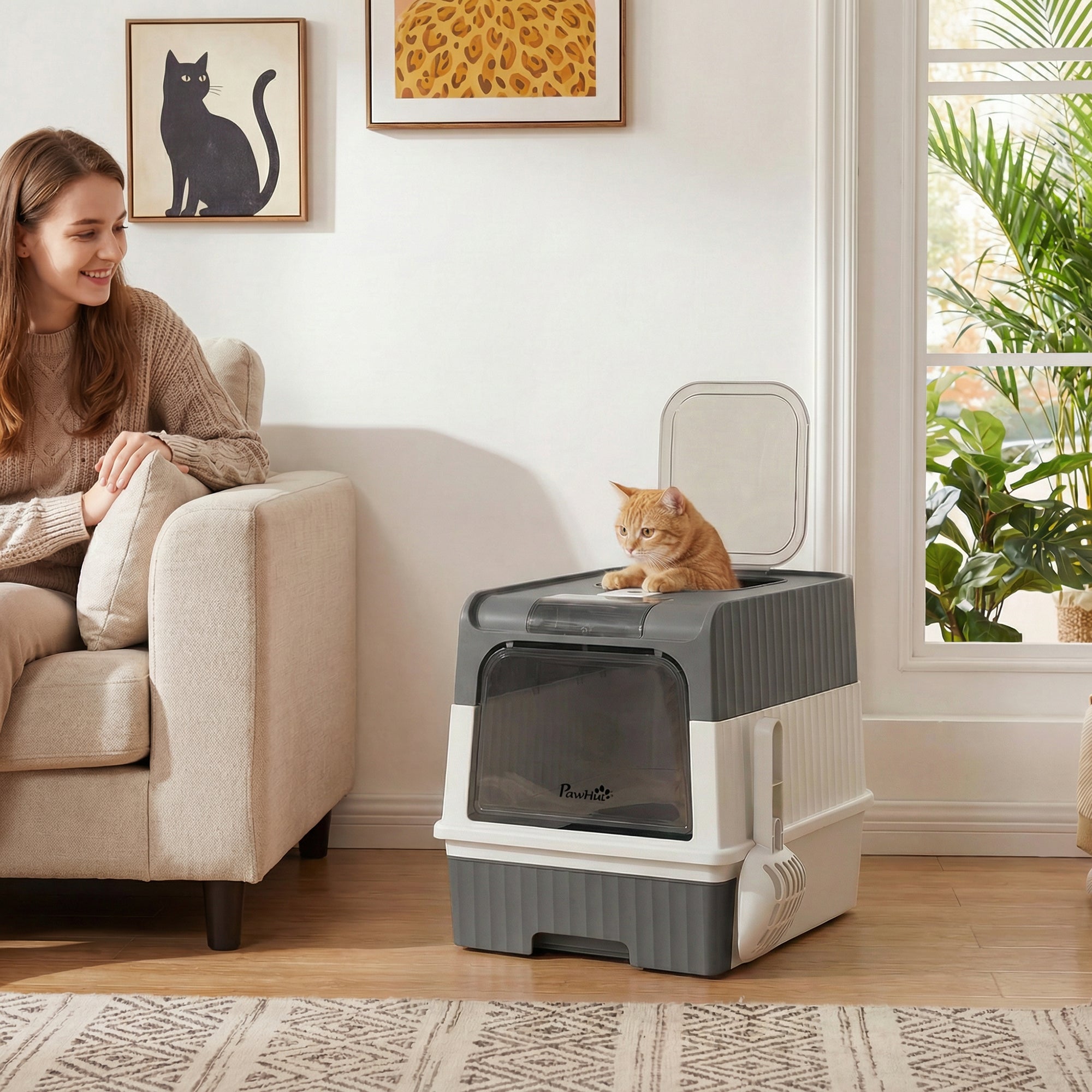 Cat Litter Box Hooded Cat Litter Tray with Drawer Pan Front Entry & Top Exit Easy Cleaning Gray