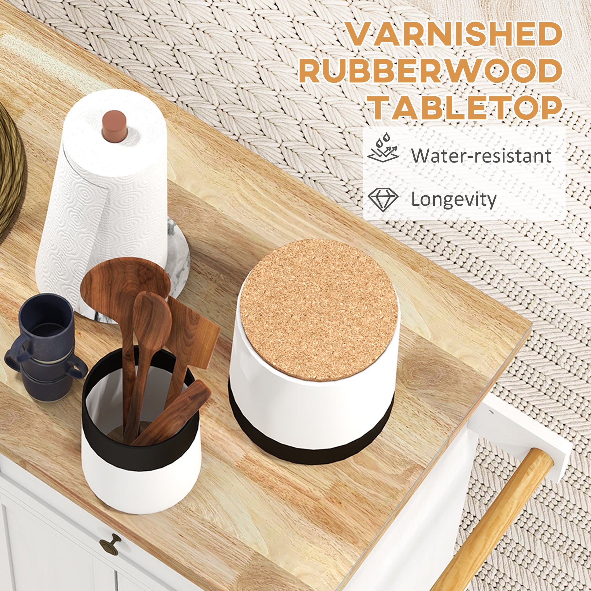 Modern Rolling Kitchen Island Cart with Spice Rack, Distressed White