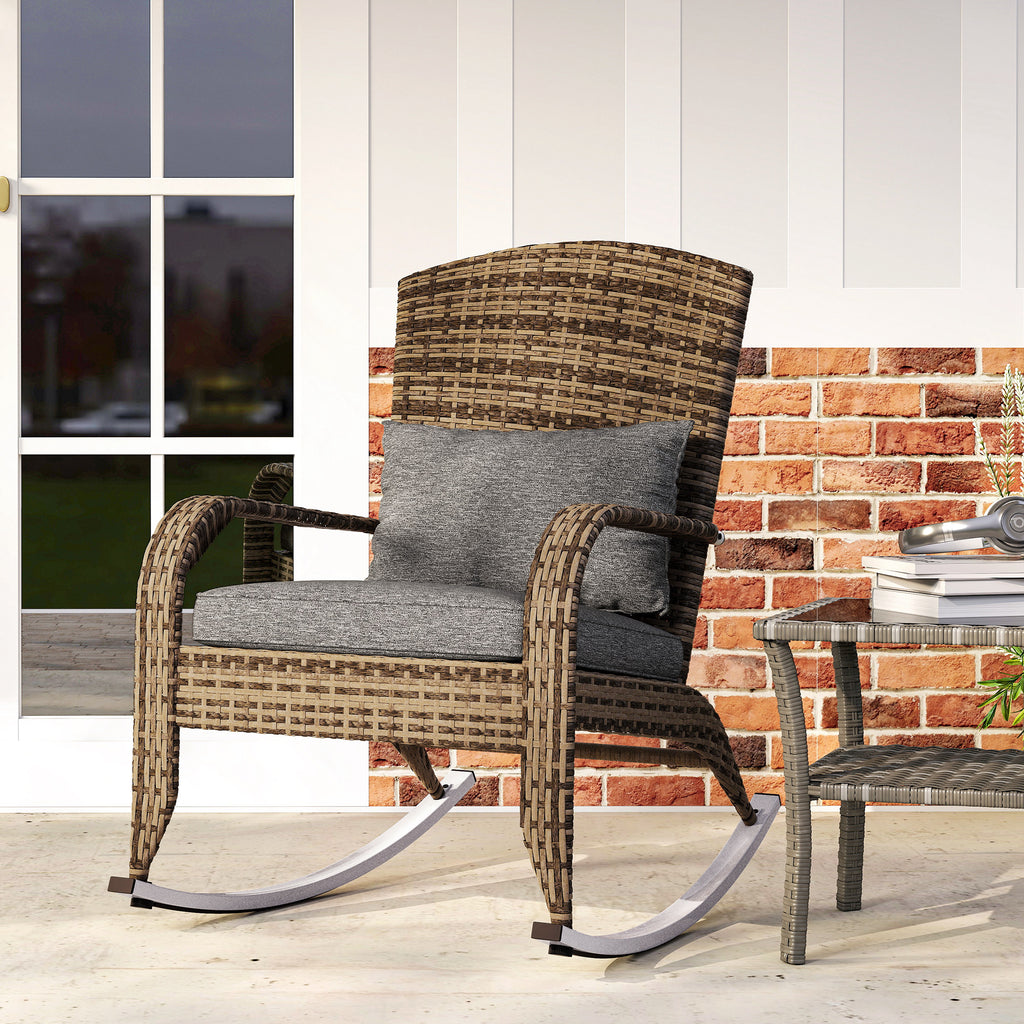Adirondack Chair, Outdoor Wicker Rocking Chair with High Back, Seat Cushion, and Pillow for Porch, Balcony, Gray