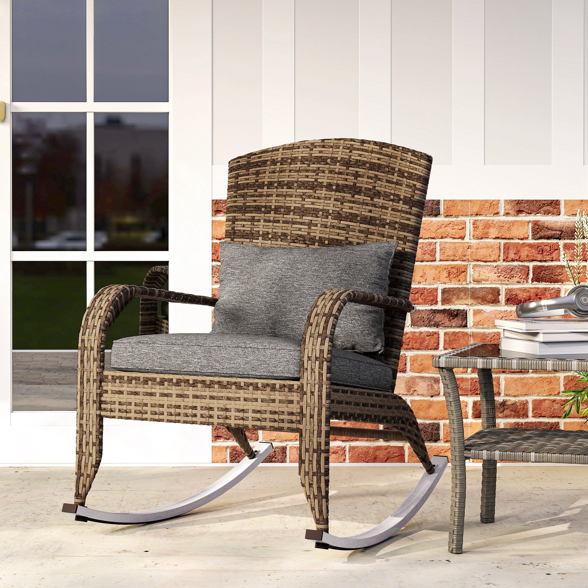 Adirondack Chair, Outdoor Wicker Rocking Chair with High Back, Seat Cushion, and Pillow for Porch, Balcony, Gray