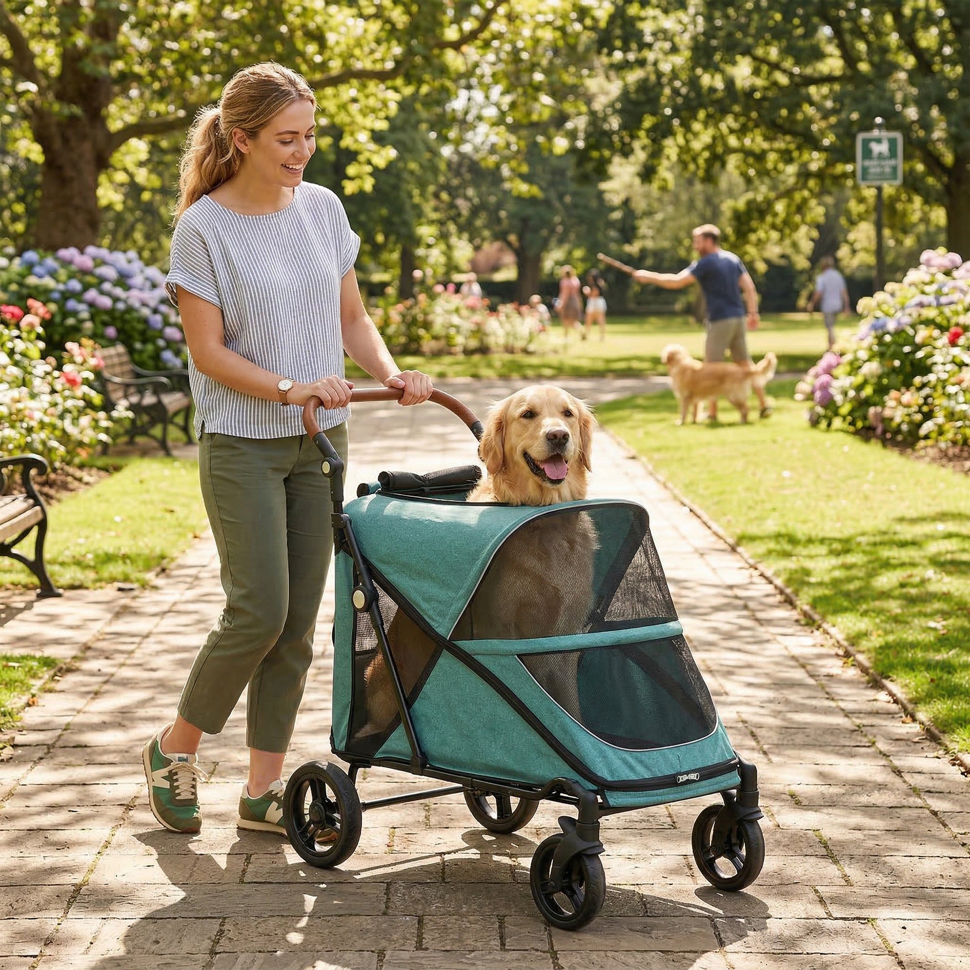 Dog Stroller for Large Dogs Up to 66 LBS with All-Terrain Spring Suspension, 8-Position Adjustable Handle, Teal