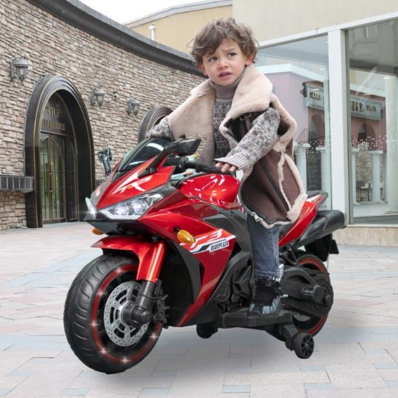 12V Ride-On Motorcycle for Ages 3-8 with Training Wheels and Headlight, Motorbike with MP3 and Light-Up Wheels, 46" L x 20" W x 26" H, Red