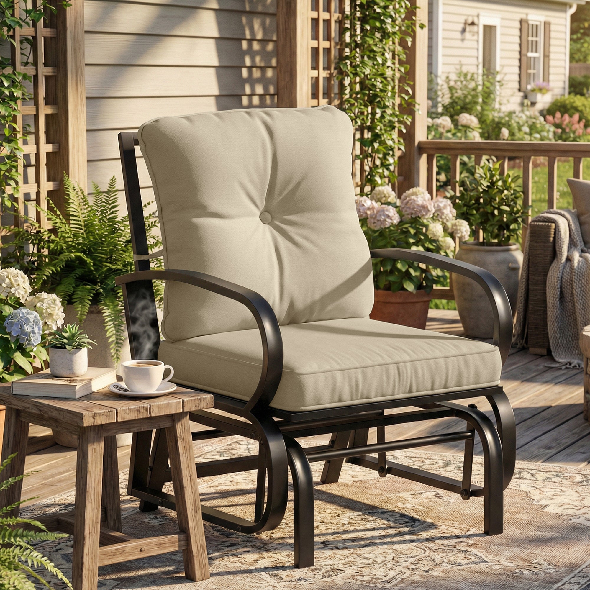 Patio Glider, Outdoor Glider Chair with Cushions, Steel Frame, Curved Armrests, Beige