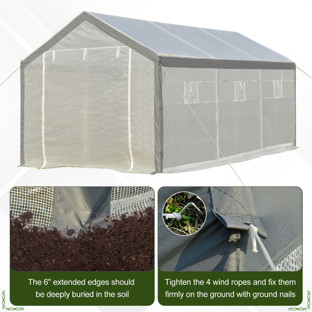 20' x 10' x 9' Walk-in Greenhouse, Outdoor Garden Warm Hot House with 6 Roll-up Windows, 2 Zippered Doors and Weather Cover, White