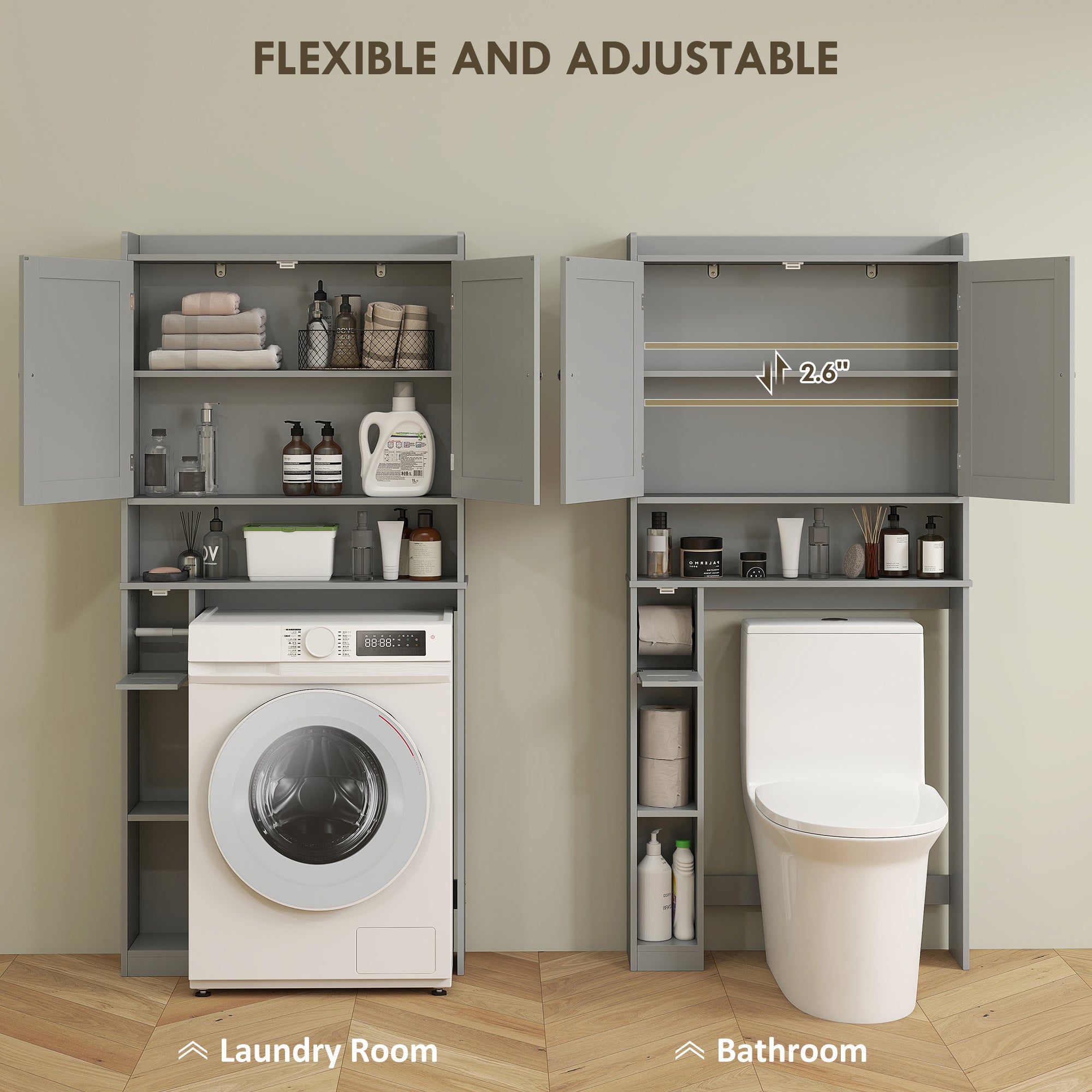 Modern Over the Toilet Storage Cabinet with 2 Doors, Above Commode Storage Cabinet with Toilet Paper Holder, Gray