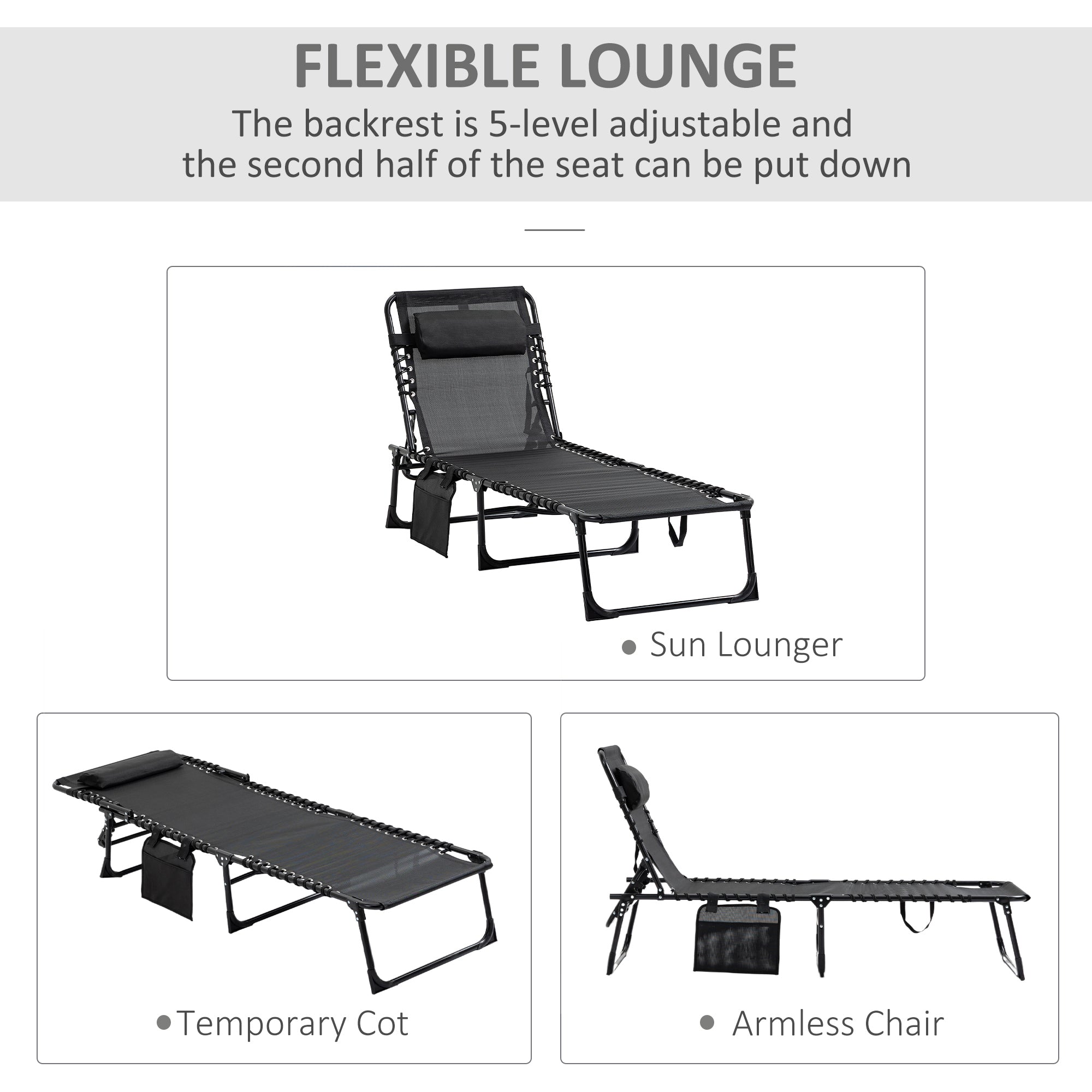 Reclining Chaise Lounge Chair, Portable Sun Lounger, Folding Camping Cot with Adjustable Backrest and Removable Pillow, for Patio, Garden, Beach, Black