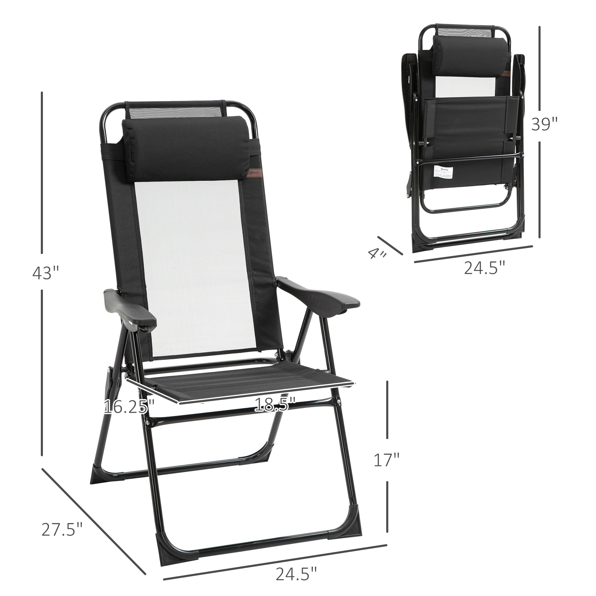 Folding Patio Dining Chairs Set of 2, Outdoor Deck Chair with Adjustable Sling Back, Camping Chair with Removable Headrest for Garden, Backyard, Lawn, Black