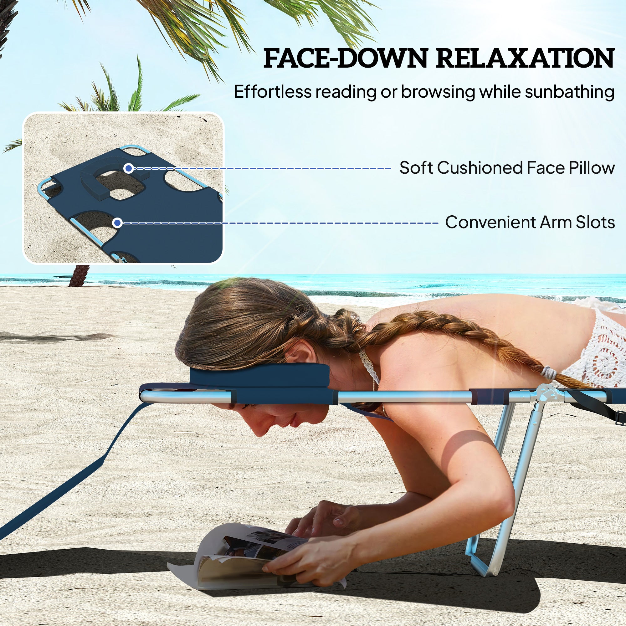 2 Tanning Chairs with Face Hole, 5-Level Adjustable Outdoor Chaise Lounge Chair with Pillow for Beach, Pool, Dark Blue