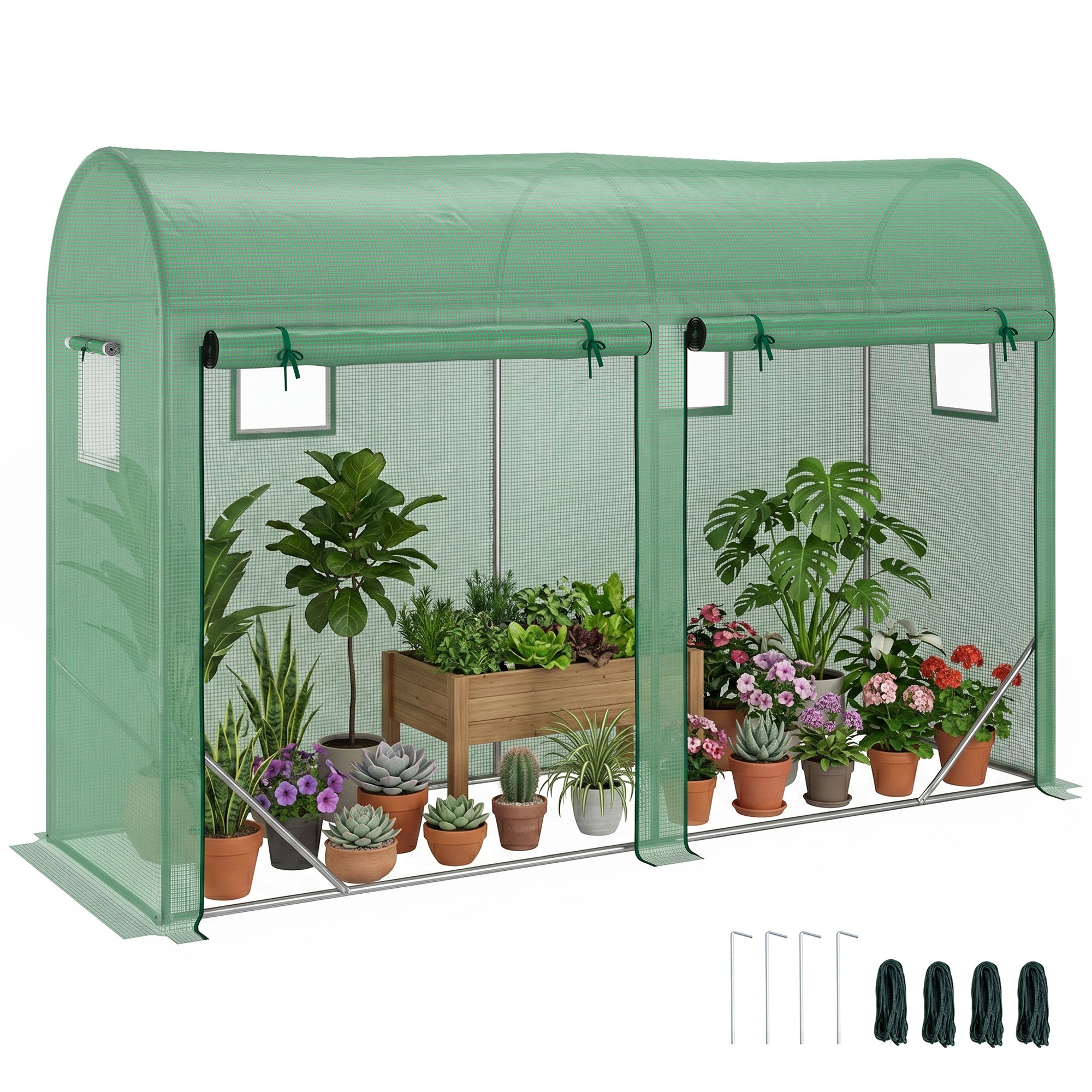 10' x 3' x 7' Walk-in Lean-to Greenhouse, Steel, 4 Zipper Roll-up Windows & 2 Doors, UV Protecting PE Cover for Growing Flowers, Vegetables, Tropical Plants, Saplings, Succulents, Green