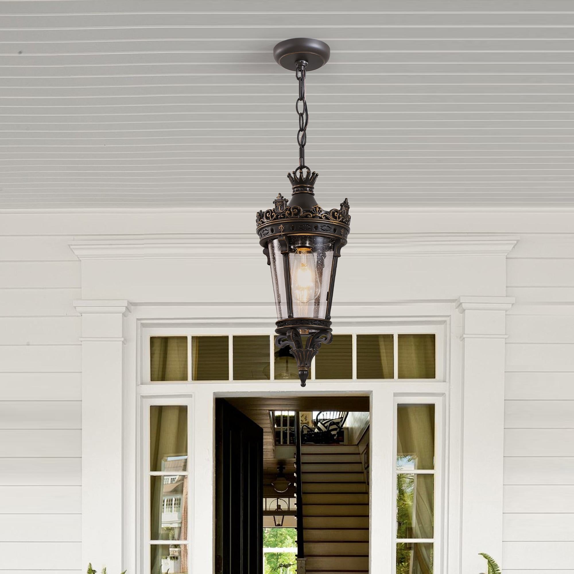 Antique Crown Outdoor Hanging Lantern with Ornate Metal Design, Waterproof Vintage Pendant Light, 8" L x 8" W x 18" H, Coffee+Golden