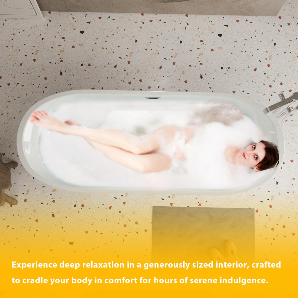 59" Acrylic Freestanding Bathtub with Unique Diamond-Pattern Exterior, Oval Soaking Tub for Bathroom, 59" L x 29.5" W x 23" H, Gloss White