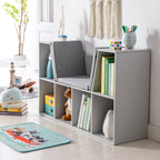 6-Cubby Kids Bookcase with Reading Nook and Cushion, Multi-Purpose Storage Organizer for Bedroom, Living Room, Grey