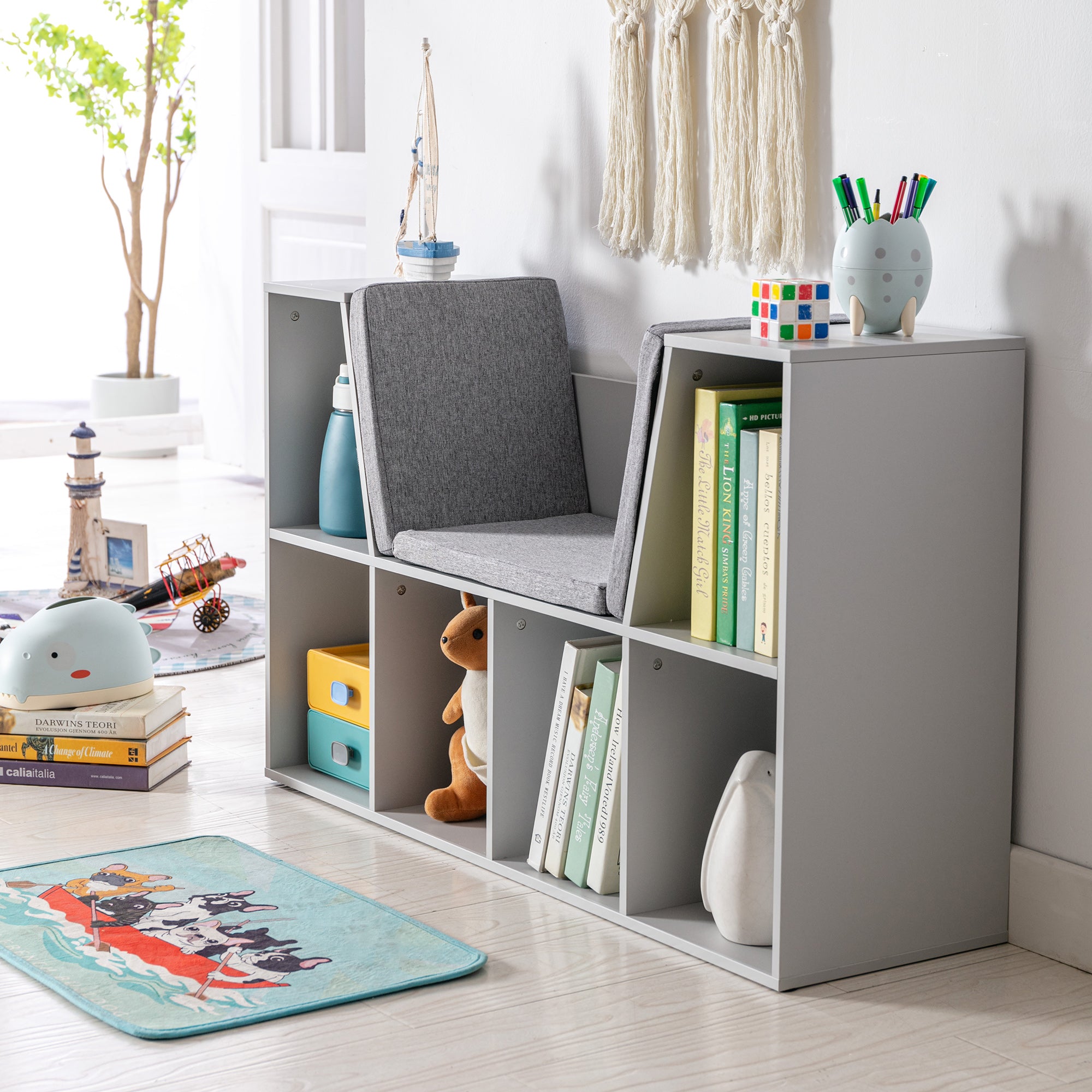 6-Cubby Kids Bookcase with Reading Nook and Cushion, Multi-Purpose Storage Organizer for Bedroom, Living Room, Grey