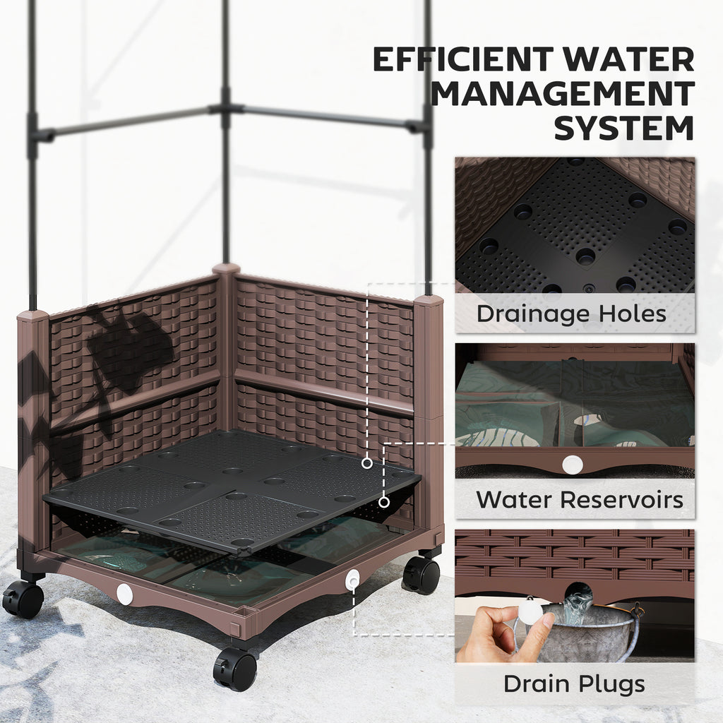 Raised Garden Bed with Trellis, Tomato Cage with Lockable Wheels, Self Watering Planter Box with Drainage Holes, Brown
