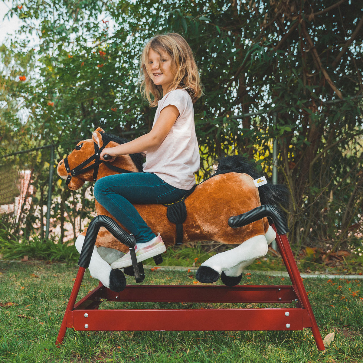 Durable Kids Plush Spring Rocking Horse, Ride On Rocking Horse with Realistic Sounds, Brown