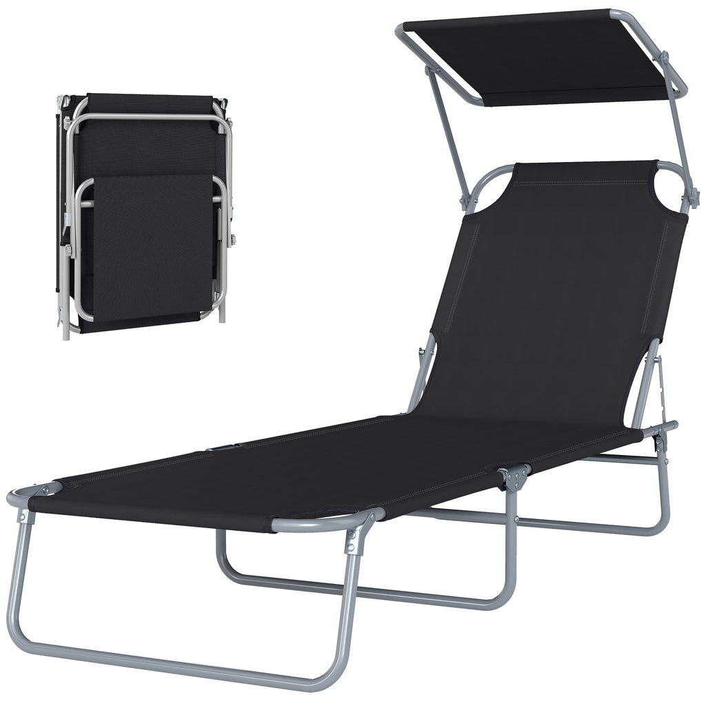 Outdoor Pool Chaise Lounge Chair, Folding Tanning Chair with Sun Shade, Black