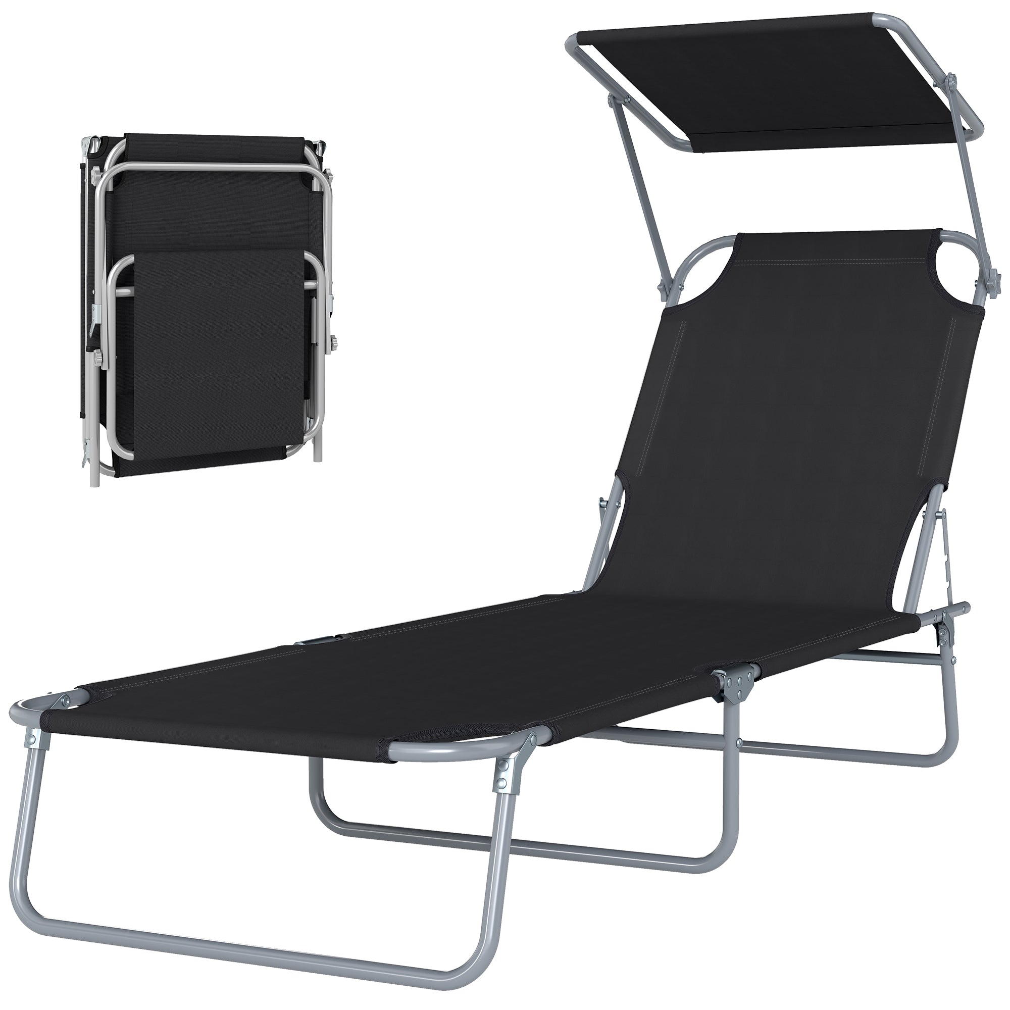 Outdoor Pool Chaise Lounge Chair, Folding Tanning Chair with Sun Shade, Black