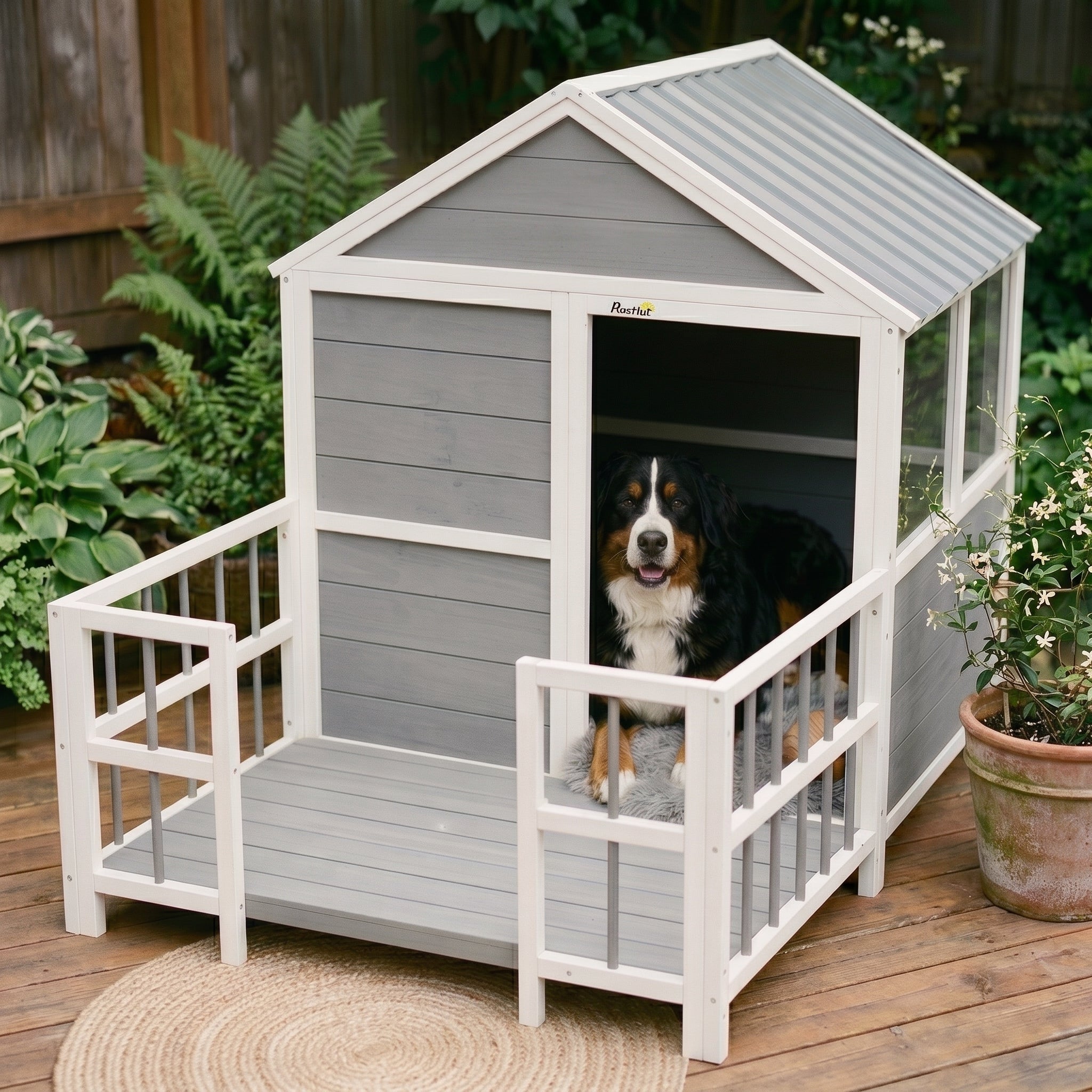 Outdoor Dog House, 61"L Wooden Dog House with Porch, Weatherproof Roof, Elevated Base, Air Vents & Observation Windows