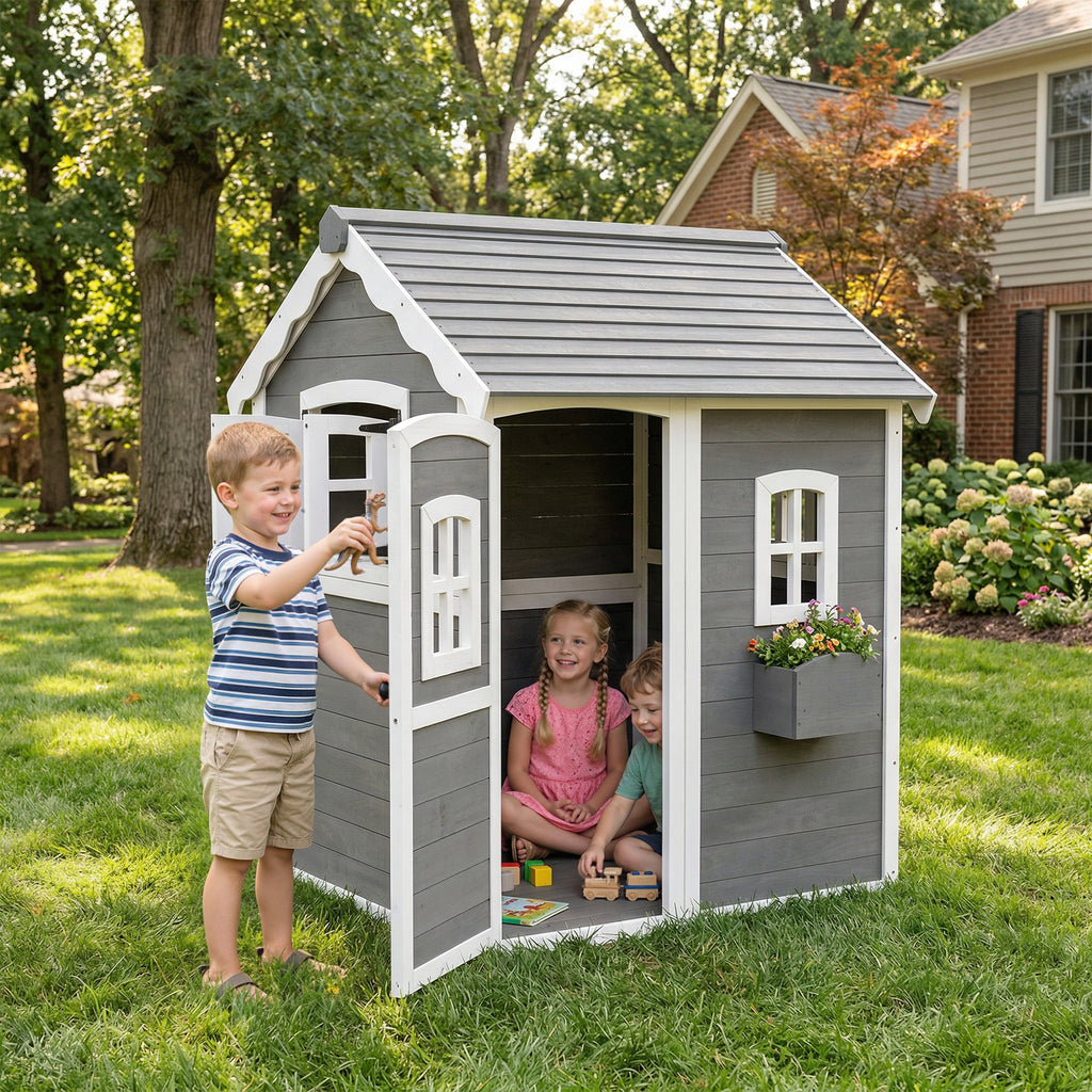 Outdoor Wooden Playhouse for Kids with Floor, Door, Windows, Planter Box for 3-8 Years Old, Backyard, Lawn, Garden