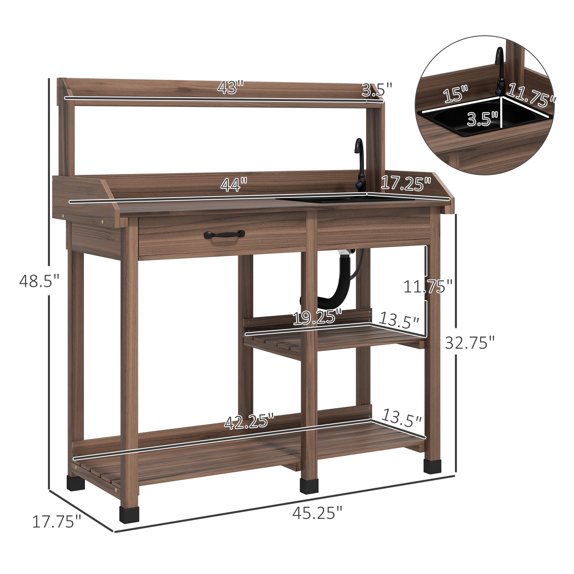 Potting Bench Table, Outdoor Garden Table Wooden Work Station with Removable Sink, Faucet, Drawer, Shelves, Hooks, Dark Brown