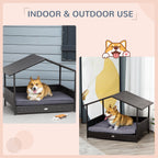 Wicker Dog House Outdoor with Canopy, Rattan Dog Bed with Water-resistant Cushion, Raised Pet Bed for Small, Medium Breeds up to 66 lbs, 20" in Length, Brown Wicker, Gray Cushion