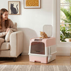 Cat Litter Box Hooded Cat Litter Tray with Drawer Pan Front Entry & Top Exit Easy Cleaning Pink