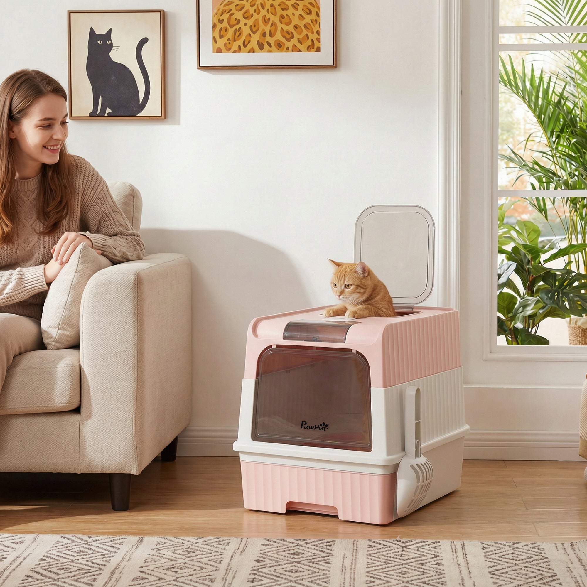 Cat Litter Box Hooded Cat Litter Tray with Drawer Pan Front Entry & Top Exit Easy Cleaning Pink