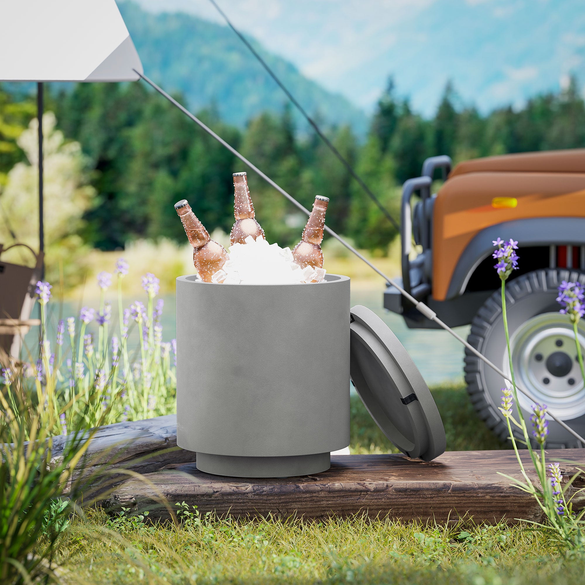 2.6 Gal Outdoor Side Table, 3-In-1 Concrete Cooler Bar Table with Storage, Removable Ice Bucket and Lid, Gray