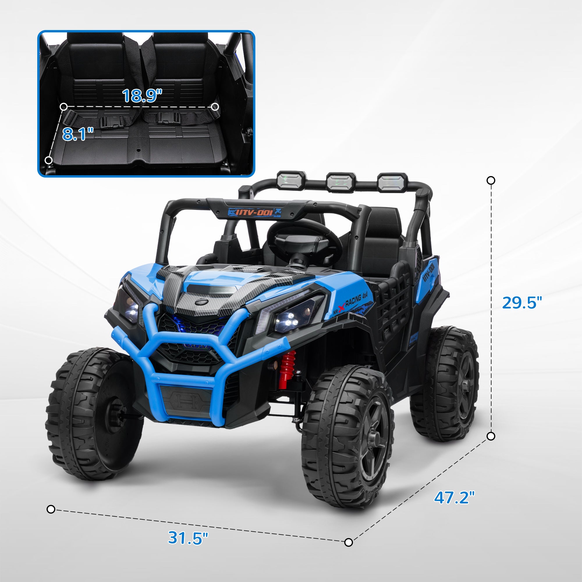 2 Seater 24V Kids Electric Car w/ Remote Control, 3 Speed, LED Lights, Music, Horn, Spring Suspension, Slow Start, Blue