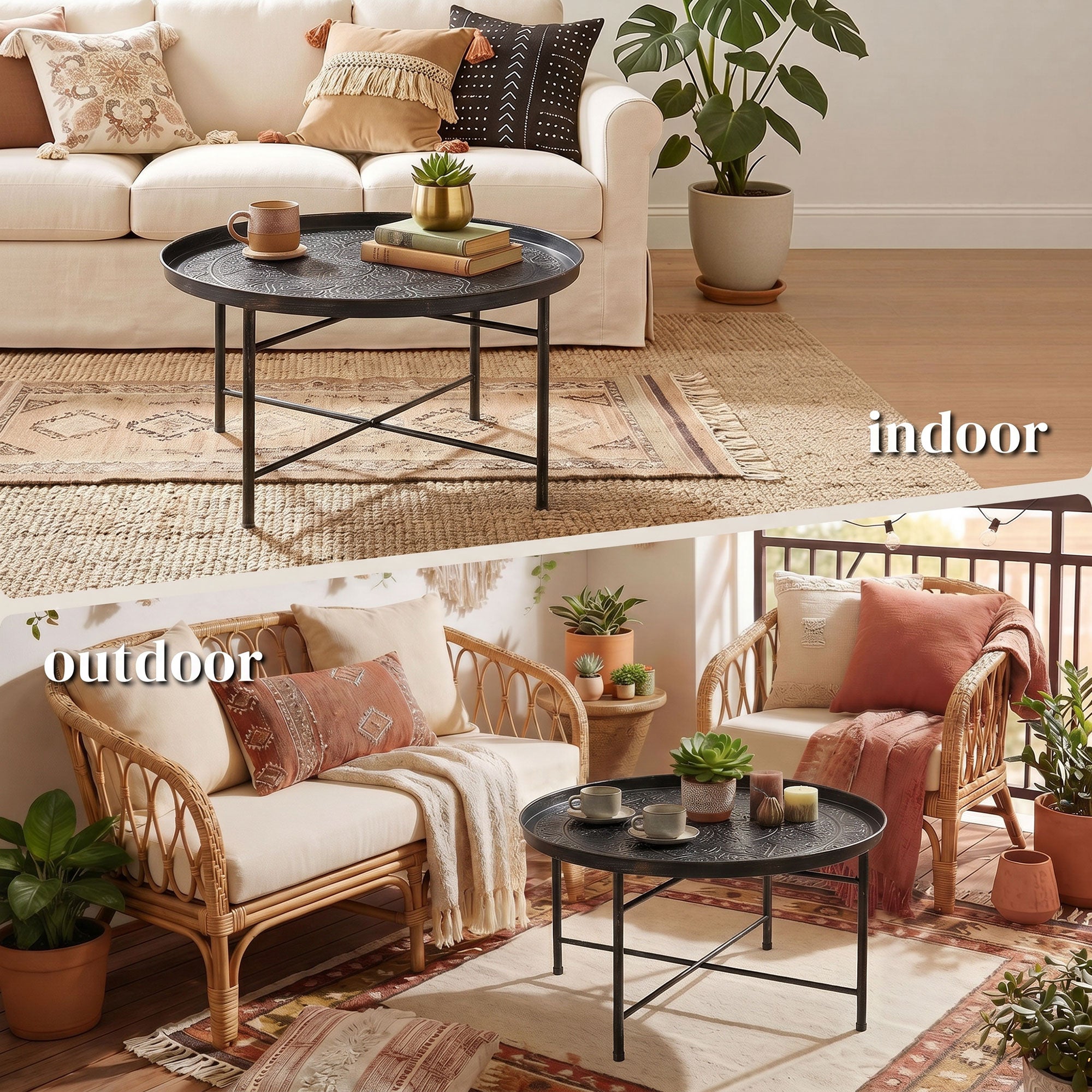 Coffee Table for Living Room, 24" Round Center Table with Hammered Tray Top and Metal Frame for Bedroom, Pewter