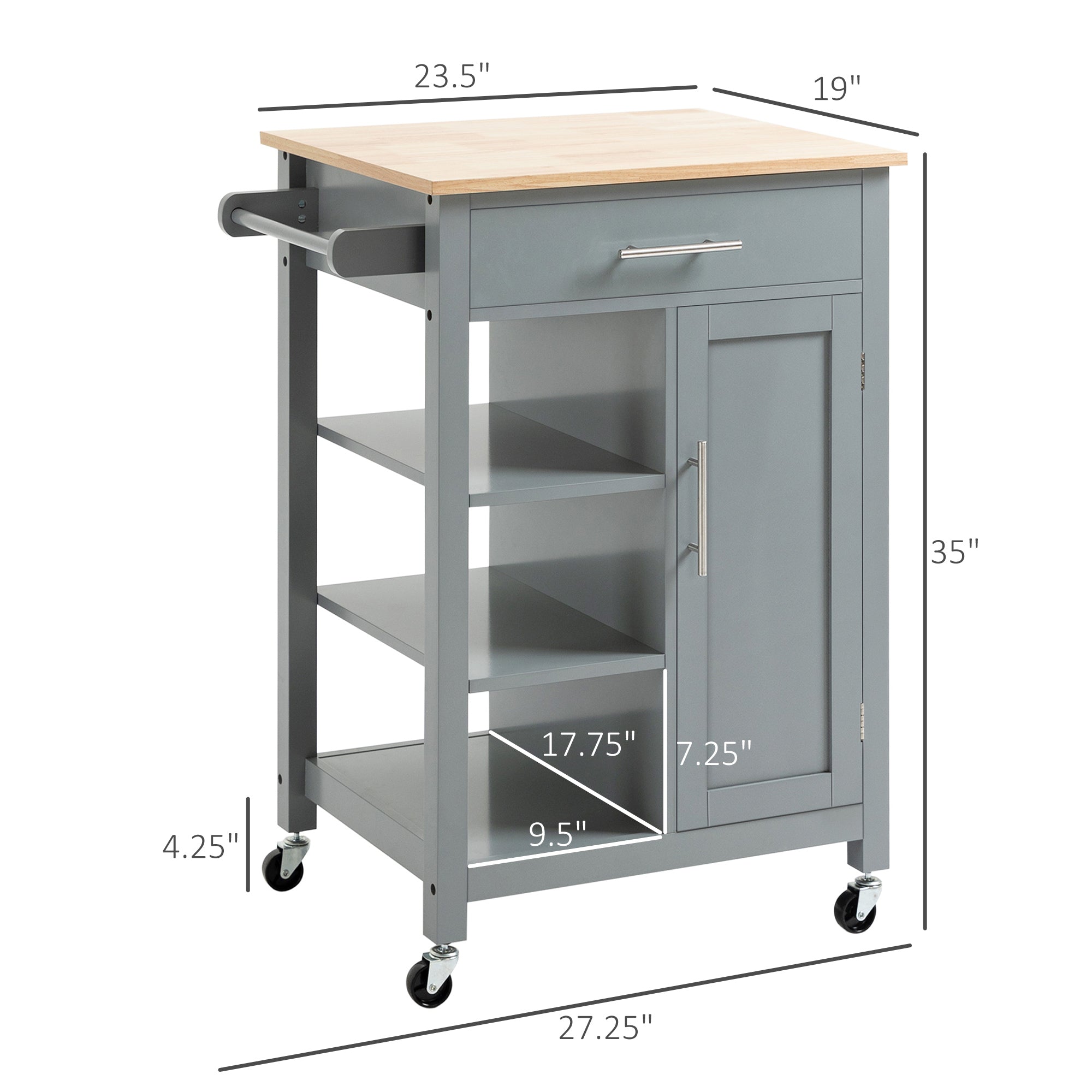Kitchen Island Cart, Rolling Kitchen Island with Storage Shelf, Solid Wood Top, Drawer, for Dining Room, Gray