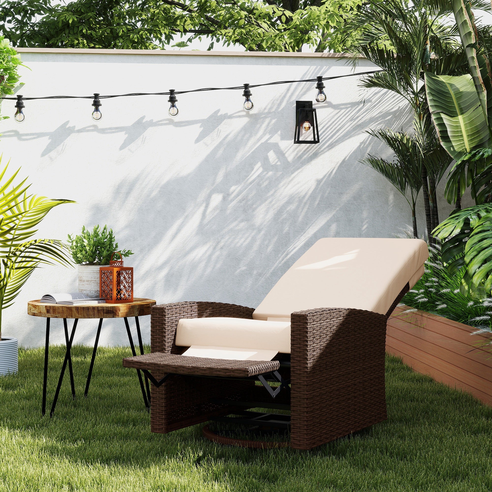 Outdoor Wicker Swivel Recliner Chair, Lifting Footrest, 360° Rotating Basic, Water-resistant Cushions, Cream White