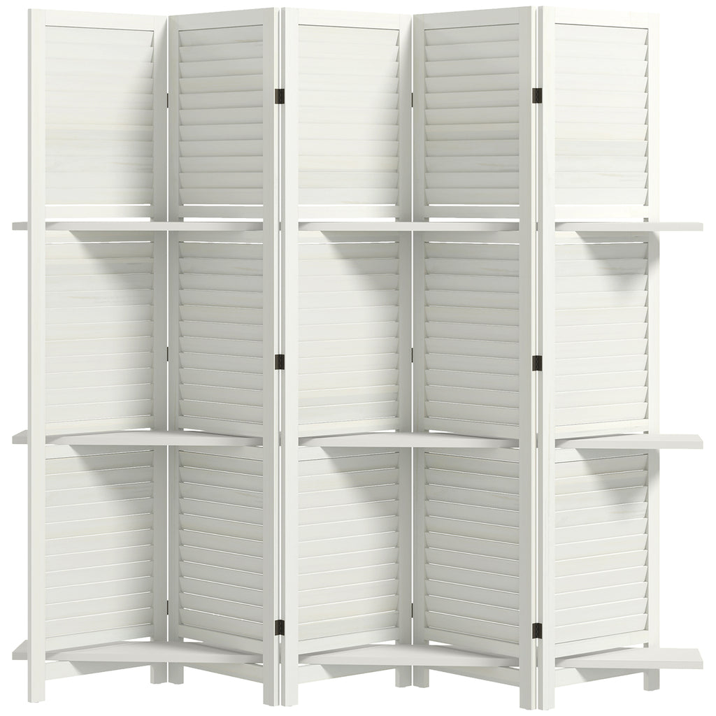 5 Panel 67" Tall Wood Privacy Screen Room Divider with 3 Shelves and Folding Storage for Bedroom, White
