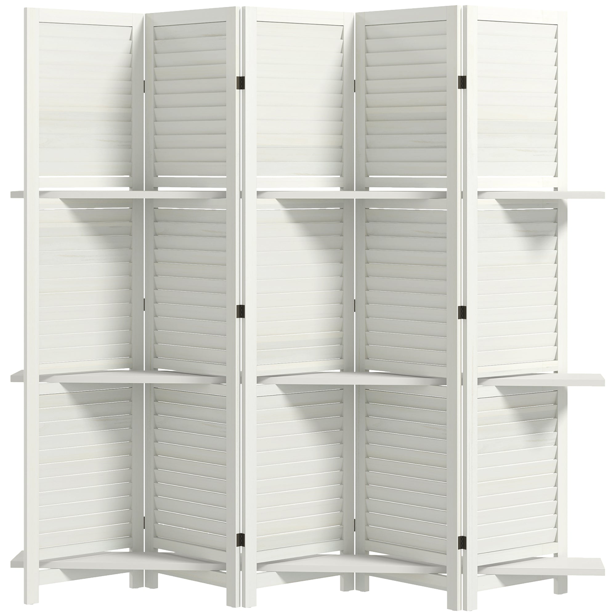 5 Panel 67" Tall Wood Privacy Screen Room Divider with 3 Shelves and Folding Storage for Bedroom, White